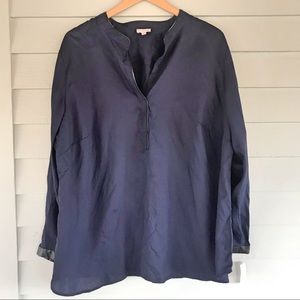 Faux leather trim popover split neck Talbots woman